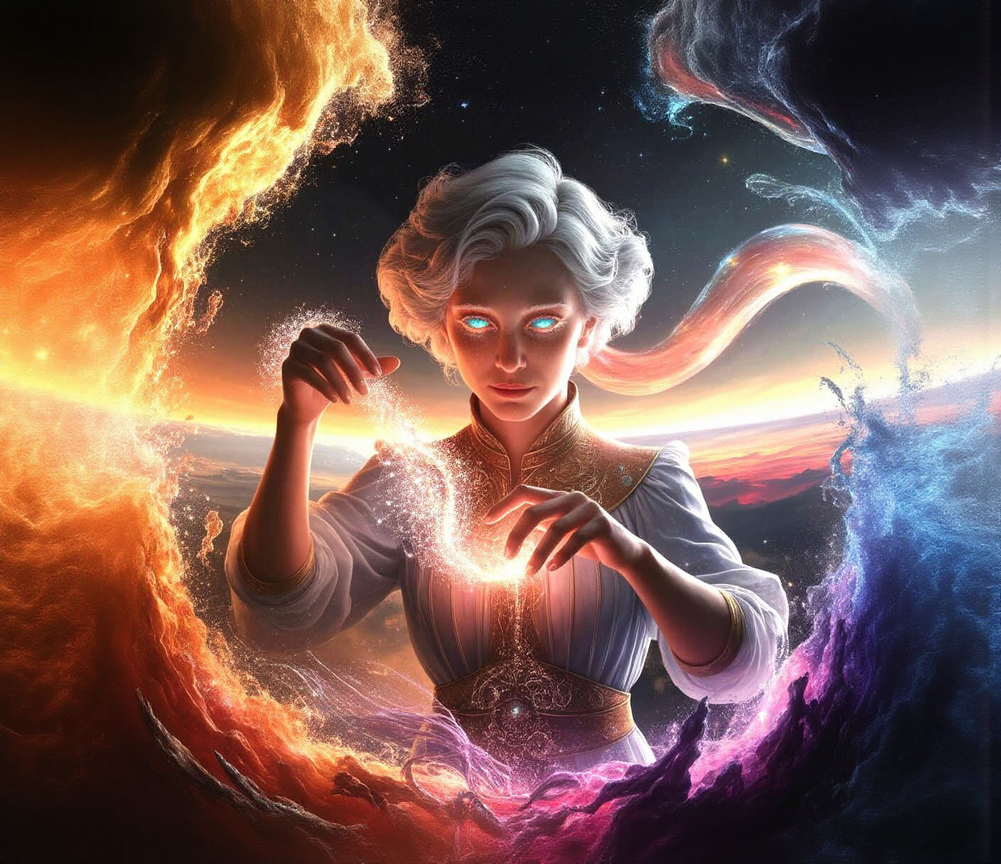 A cosmic architect with eyes like distant galaxies, designing impossible structures in the void. The architect's hands glow with celestial e...