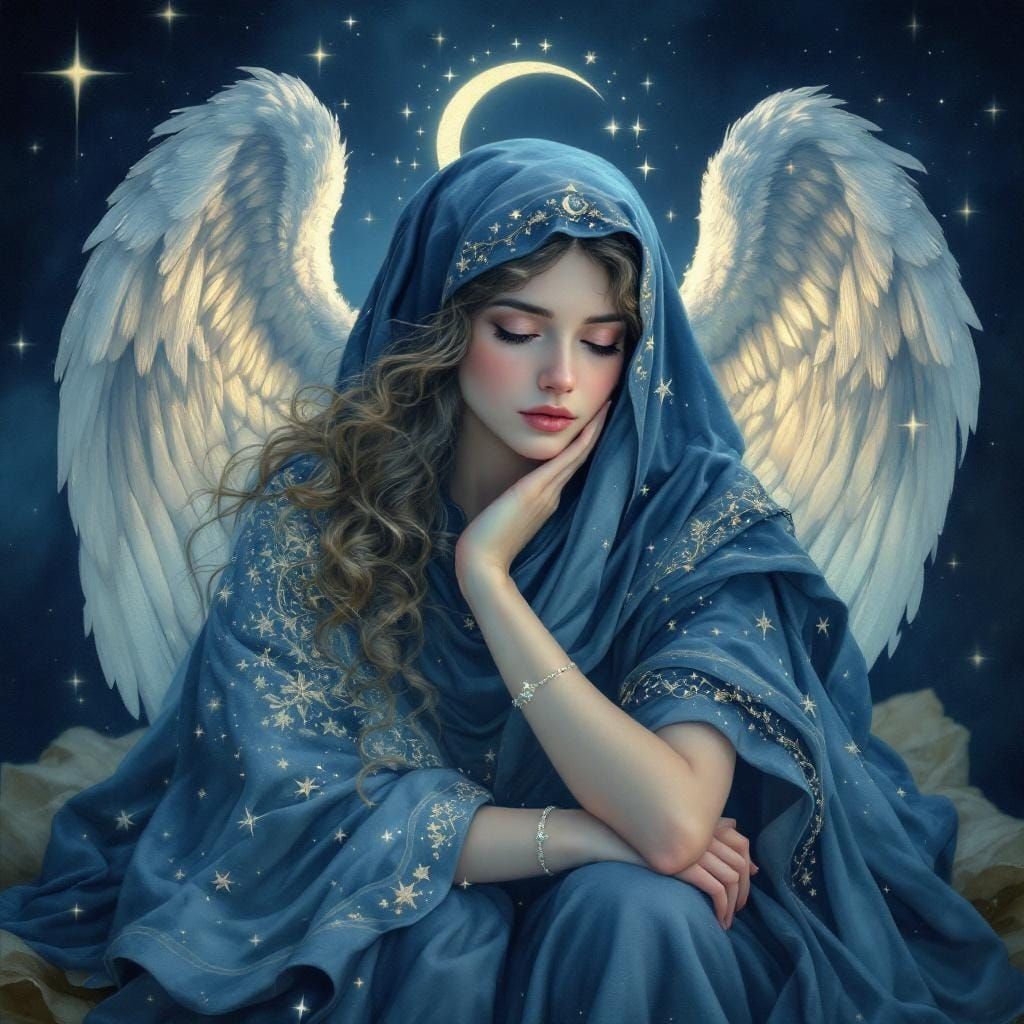 fantasy Angel of night and birth (guardian of newborns) Laylah portrait detailed Midnight Blue  by @Archeia Celestina