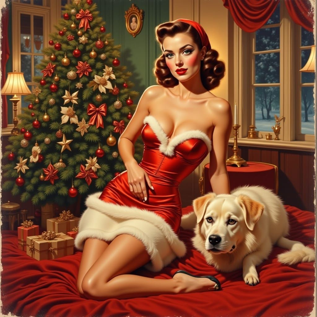 1950s Pin-Up Girl Poses by Christmas Tree in Vintage Style