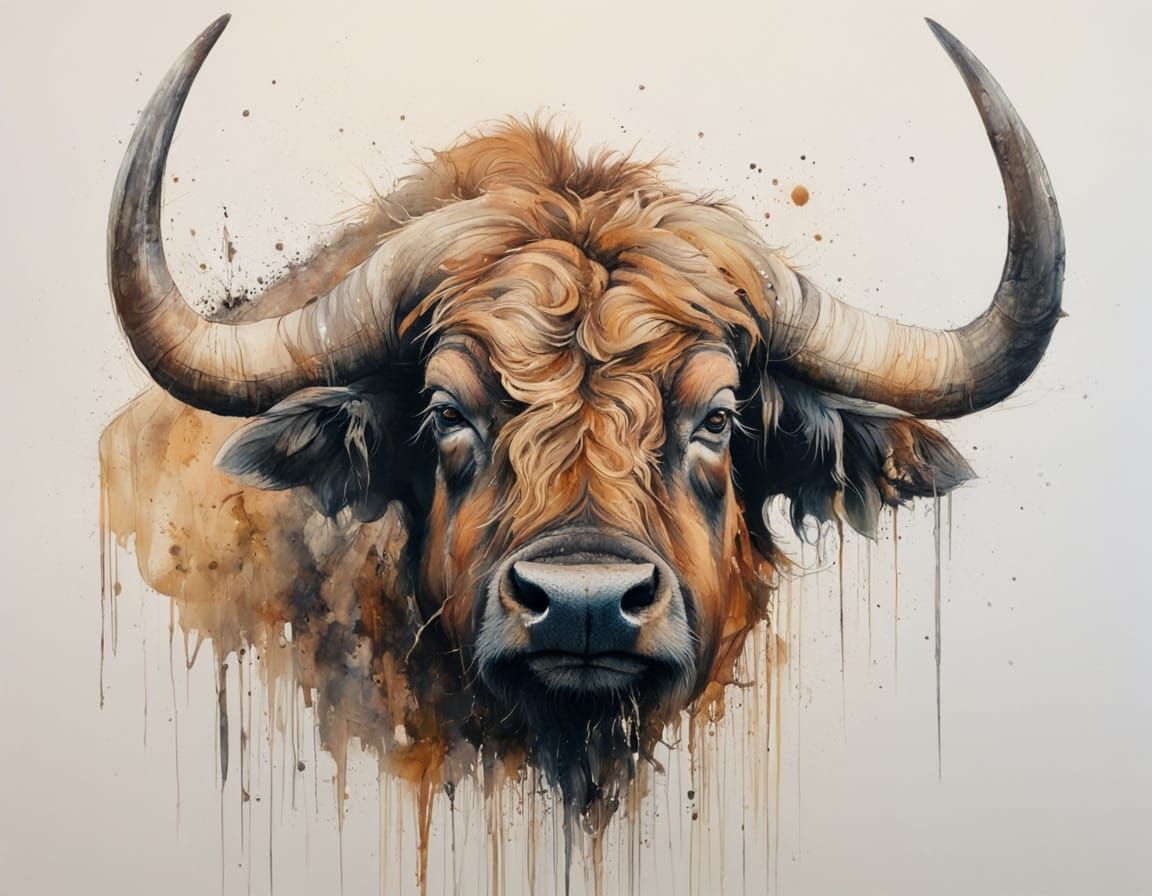 painting in ink, 'The Gentle Bull.'  by @Terra