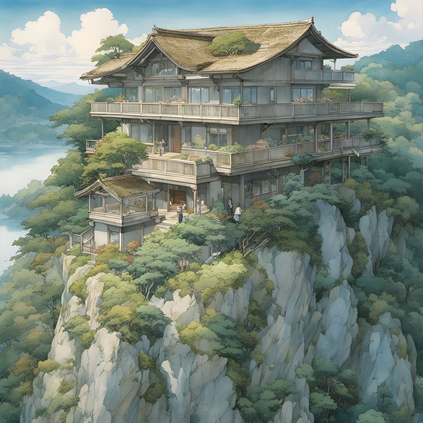 A mountain house on top of a hill by Miho Hirano; grandiose,...