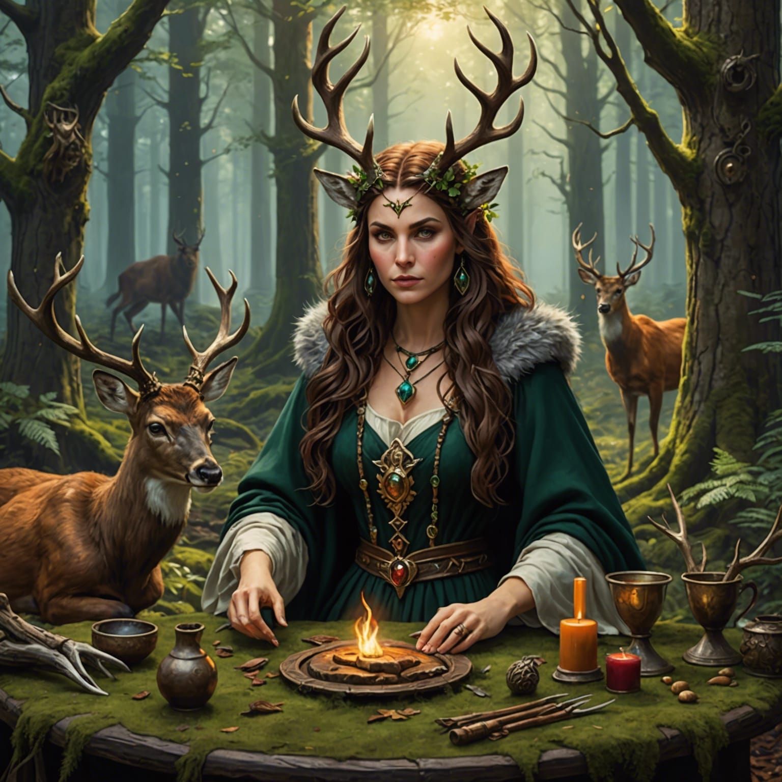 Druid scorceress with wearing horns in a forest by an alchemy table with a deer close by  by @Autum Who
