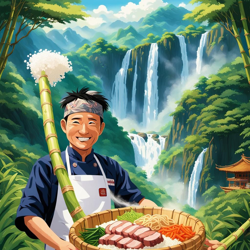 Taiwanese Chef with Bamboo Rice, Anime Style