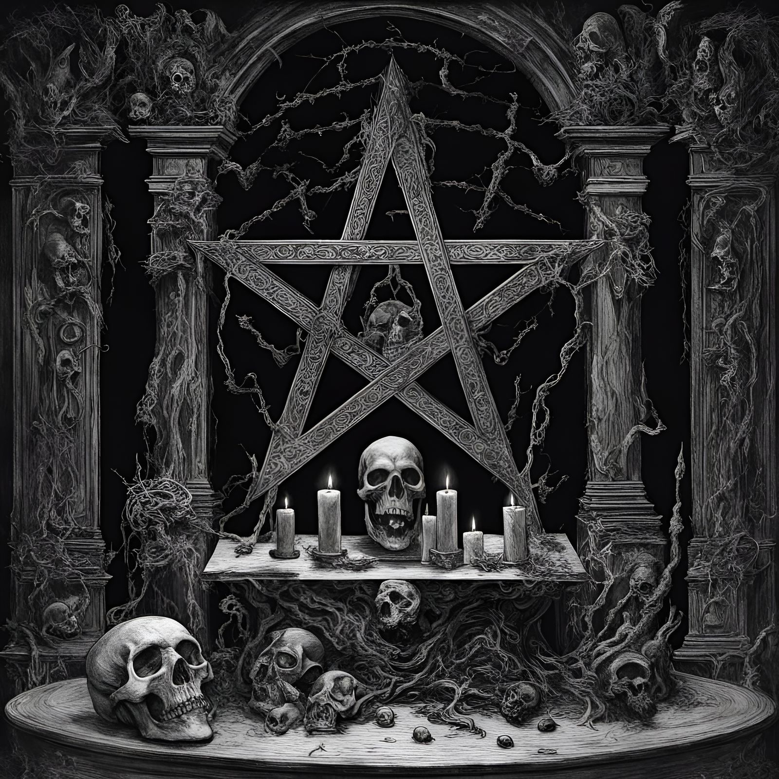 Satanic Altar,pentagram,skulls,bones,Hell,black metal style,detailed ...