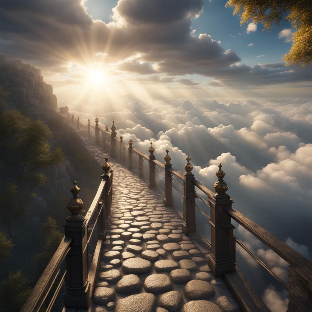 A cobblestone path on a steep hill fading into a far away bridge in the