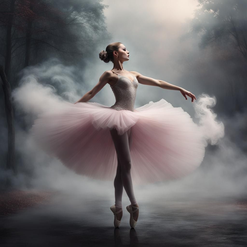 Ballerina, smoke, fog, dreamcore,  surreal fantasy, Hyperrealistic digital art  by @RubyKane