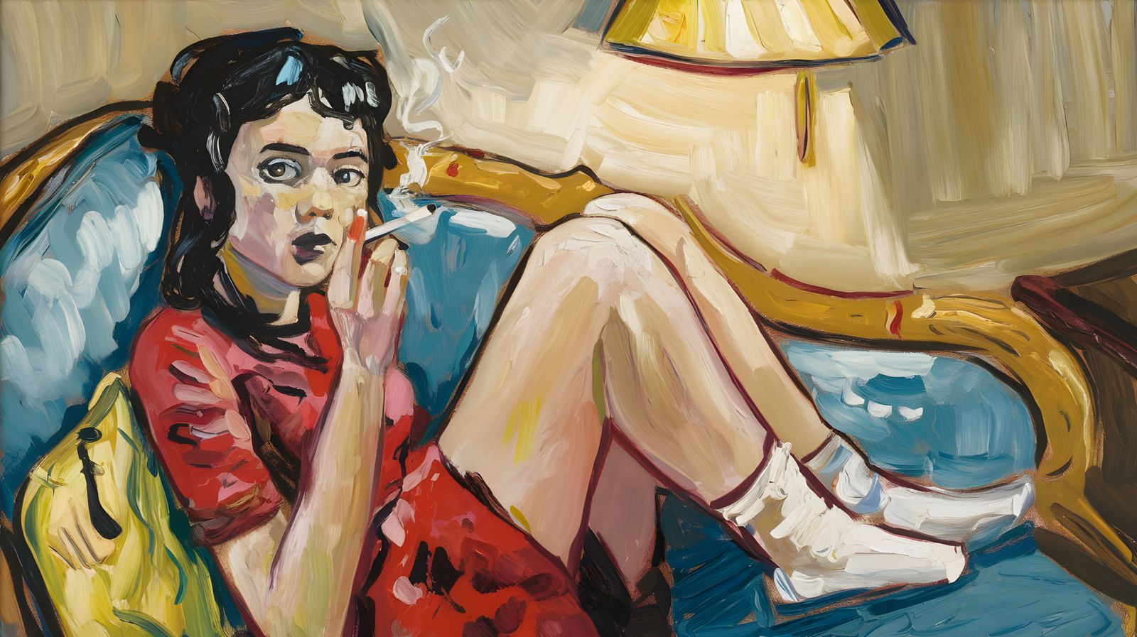 Oil painting of a smoking young woman