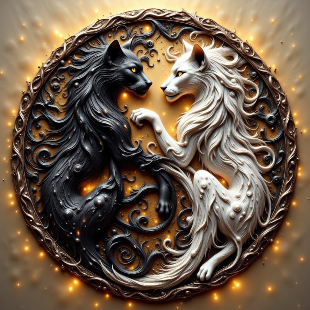 two siymmetrical metalic  yin yang wind cat <lora:discolored filigree:1.0> <lora:coffee monsters:1.0> <lora:The BWYinYang of Red:1.0> <lora:...