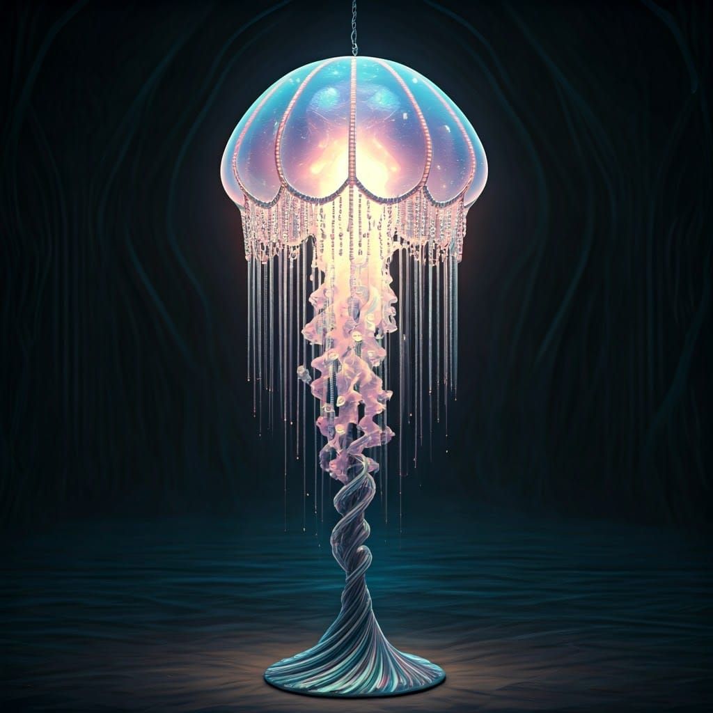 an iridescent jellyfish shape floor lamp. tendrils as fringes made of sparkling beads  by @Lavender Days