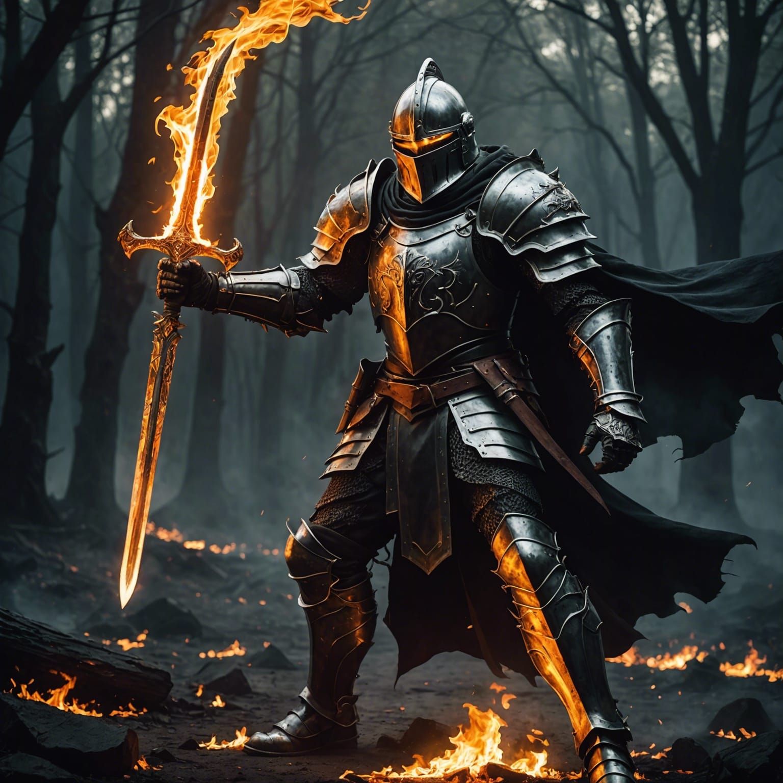 Fantasy knight in dark armor wielding a flaming sword. - AI Generated ...