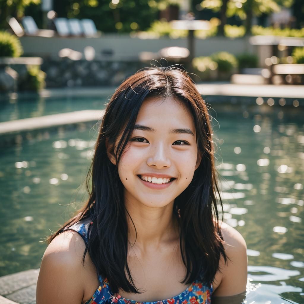 Smiling Japanese Girl at Poolside in Summer