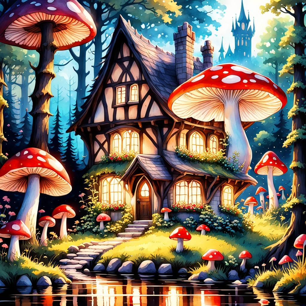 Dark Fantasy Cottage Garden with Towering Mushrooms