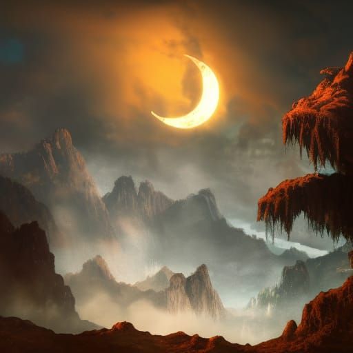 A crescent moon in a cloudy sky. detailed matte painting, de...