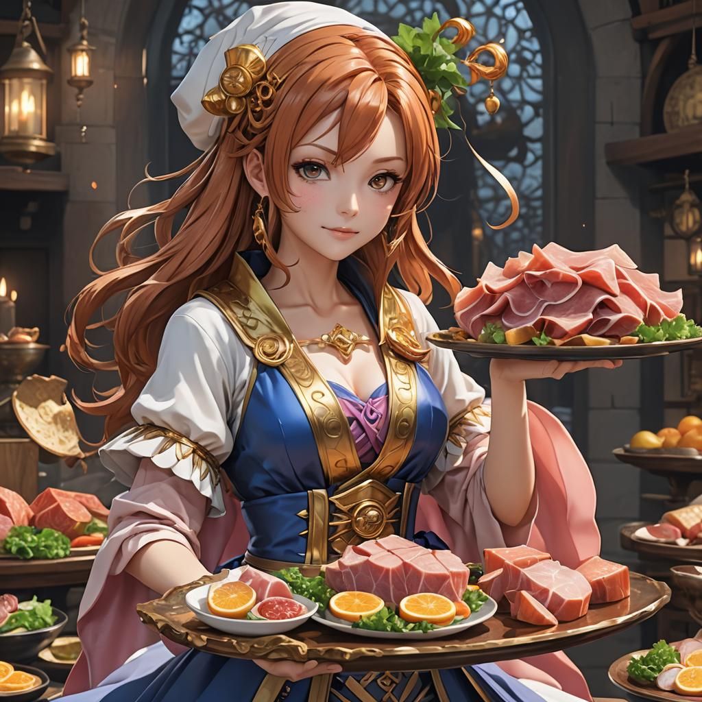beautiful nami dress like mage holding plate of ham