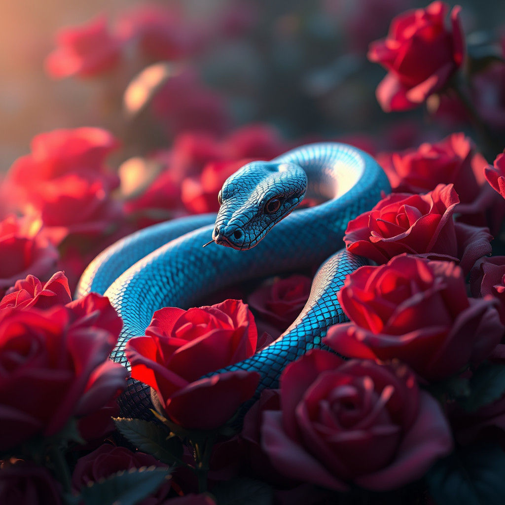 a blue viper in a bed of roses  by @FireCat