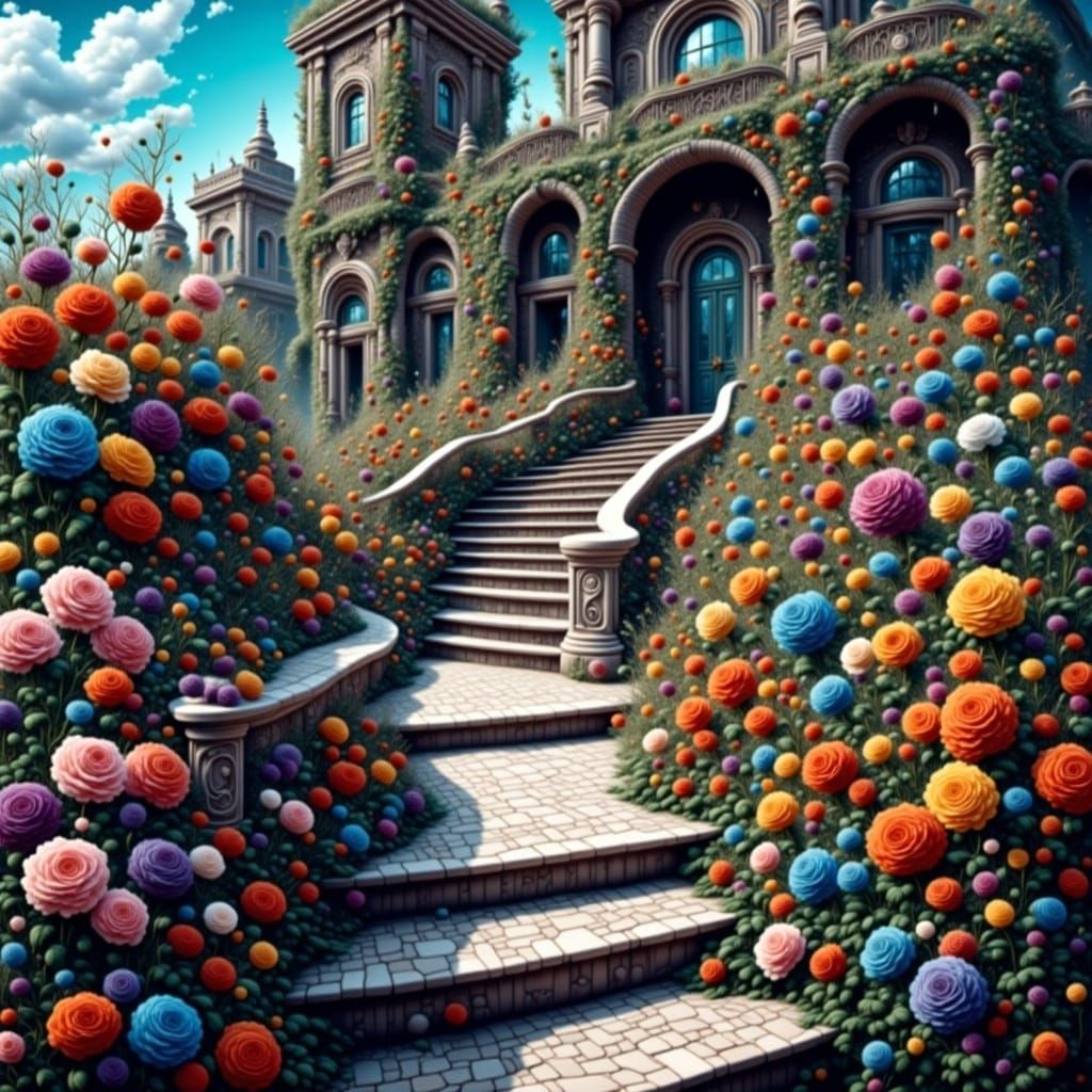 <lora:Flora Lora:1.0> flowers, flowers everywhere, image made of flowers, hyperrealism, photo quality, a palazzo garden with green plants an...