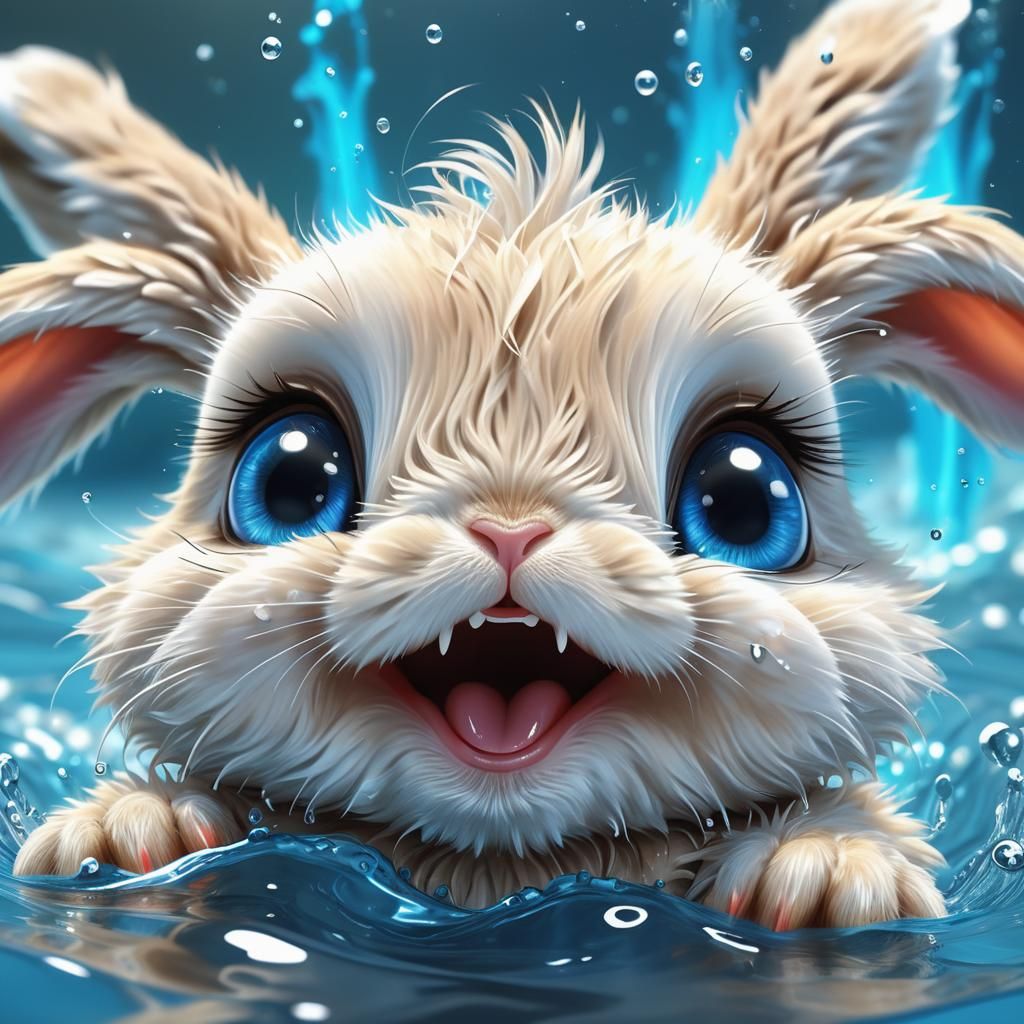 Cartoon Rabbit Laughing in Water: Digital Art