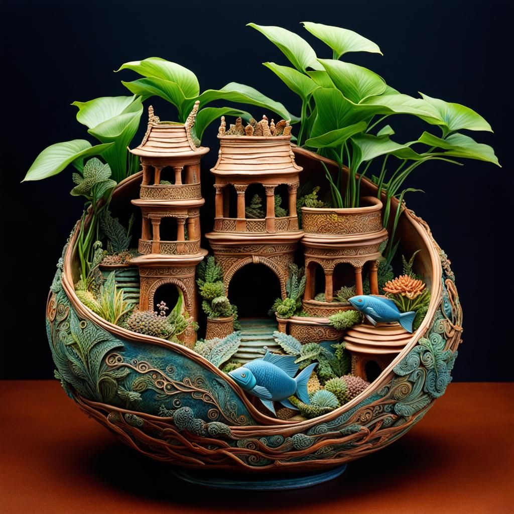 Eccentric Clay Pottery aquarium theme planter AI Generated Artwork