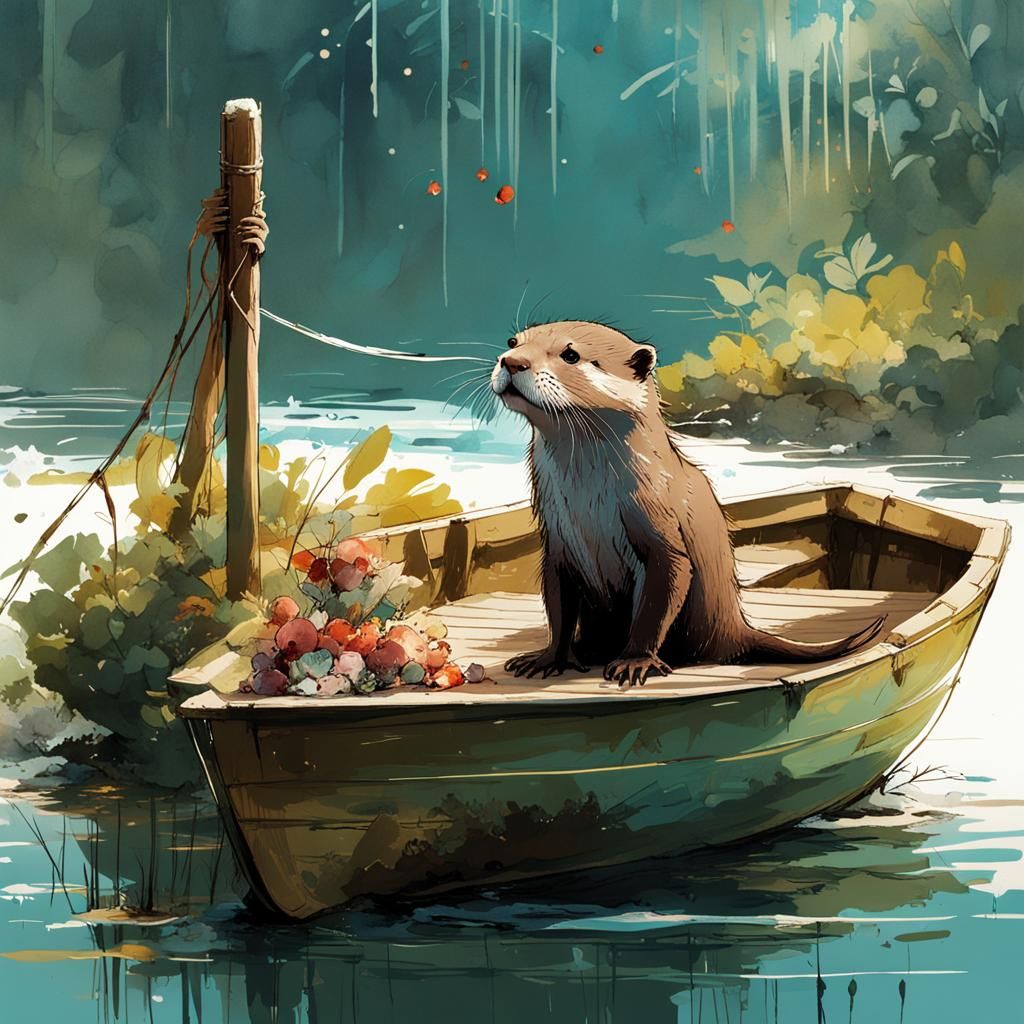 Otter Visits Otter Nest: Watercolor Splash Art