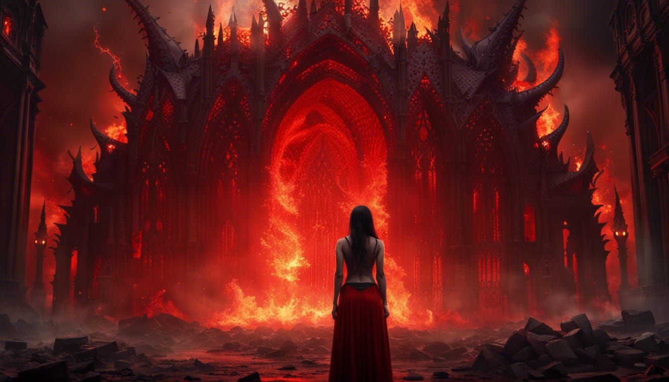 Gothic Demon in Burning Cathedral Landscape