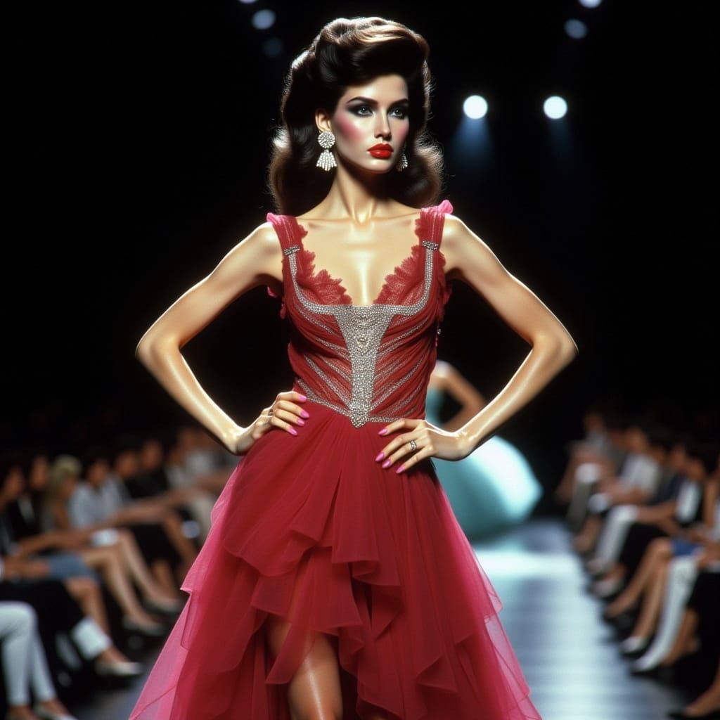  <lora:Flux 80s Supermodel:1.0> brunette model 1980s model style, wearing a haute couture evening gown on the runway 