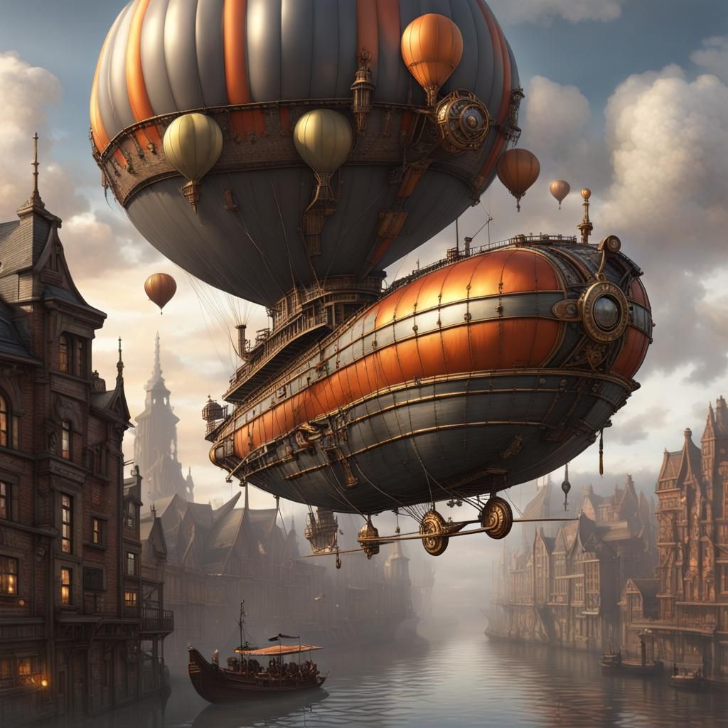 A steam punk style boat /airship Zeppelin has a body of a bo...