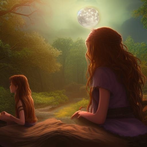 Two females looking at the moon in a forest setting