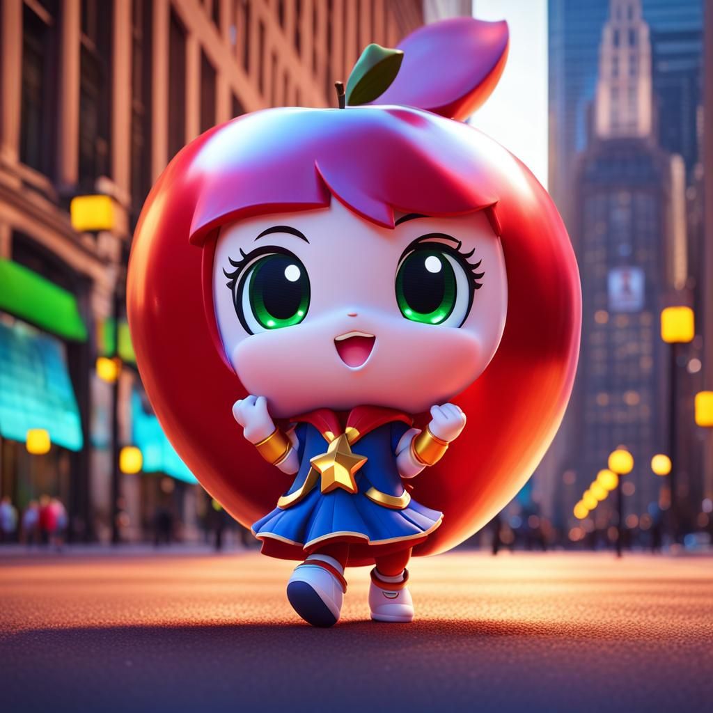Cute Chibi (Apple 🍎:1.5) wanders the streets of downtown Ch...
