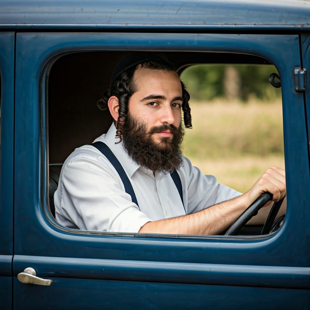 Ultra-Orthodox Man in Antique Car: Photorealistic Art