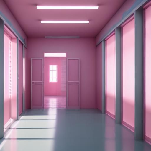 Liminal space type back rooms with Barbie pink walls. By art...