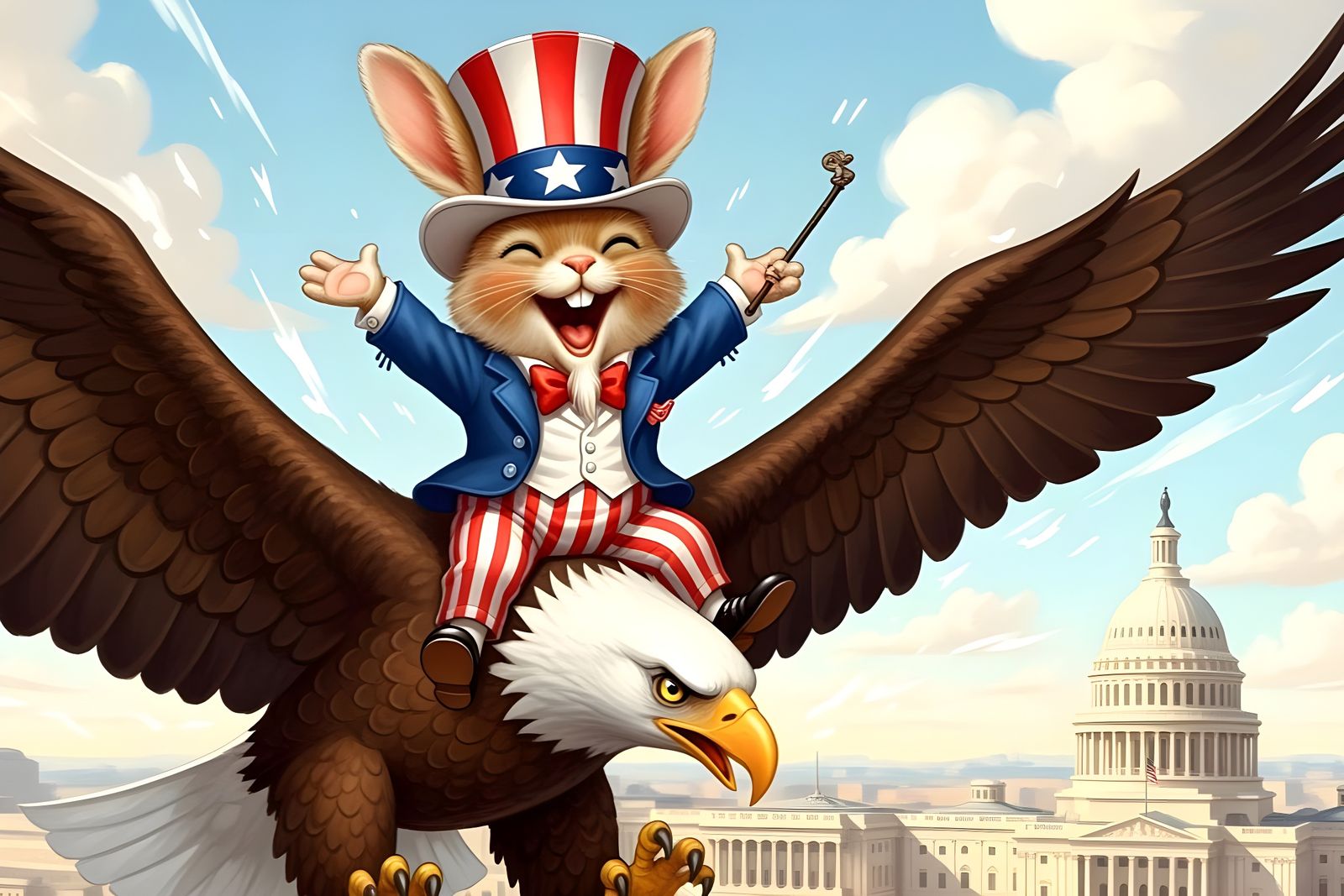 Uncle Sam Bunny Soaring with Bald Eagle Friend  by @Gary Murakami