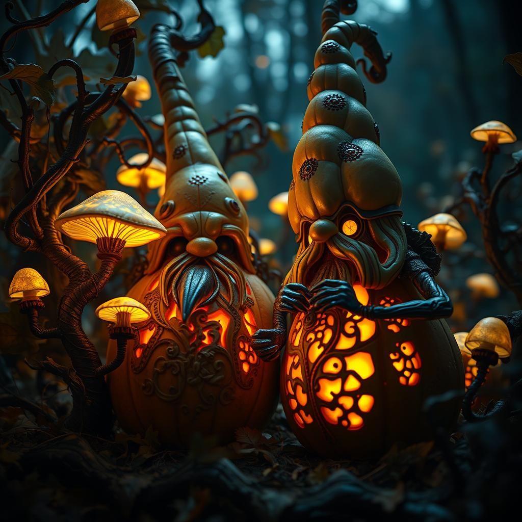 DMT machine gnome characters formed from large, imaginative gourds  by @Twinkletoast