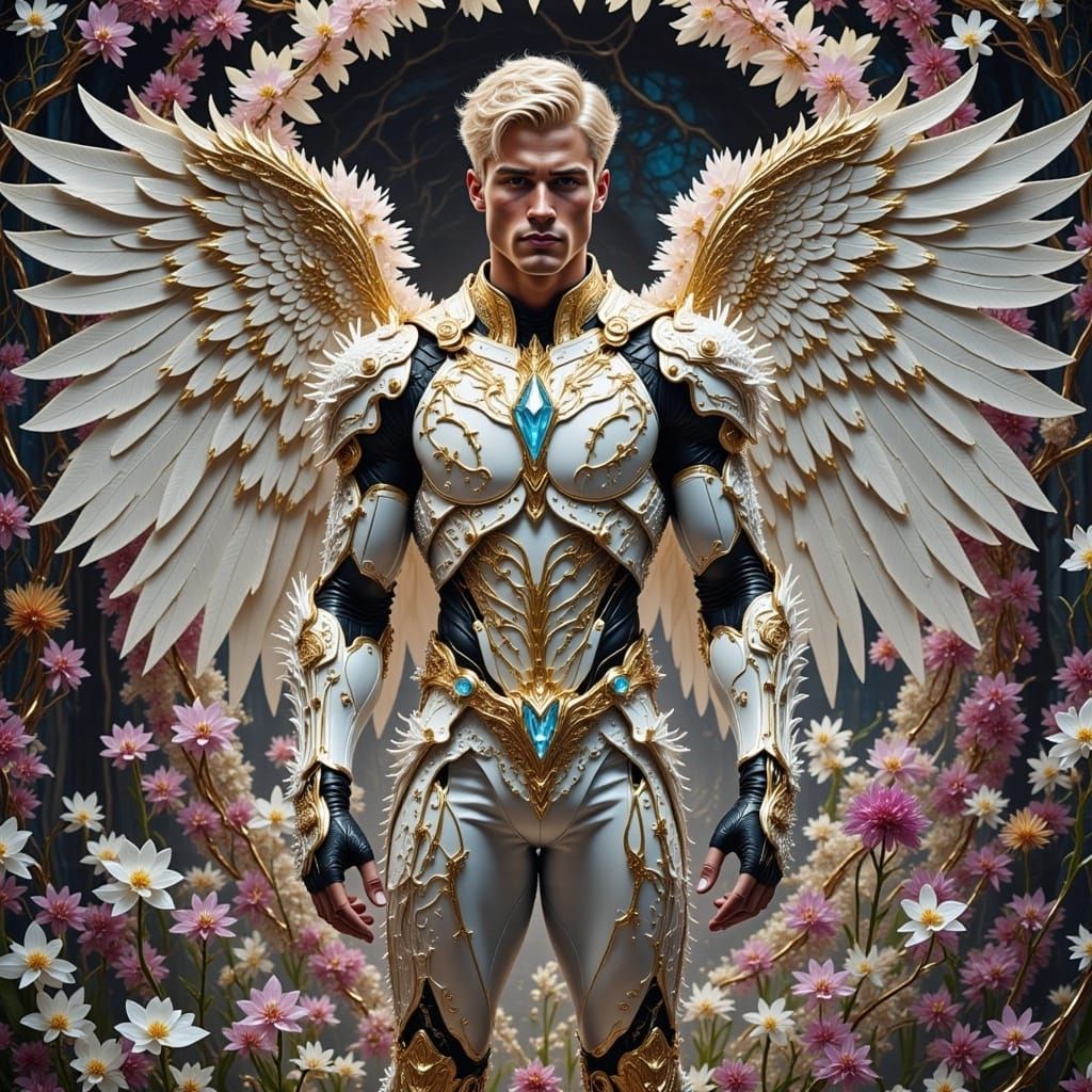 Handsome prince charming blonde hair muscle , muscle white uranium titanium faberge armor thorns white orchids diamonds rubies emeralds jasp...