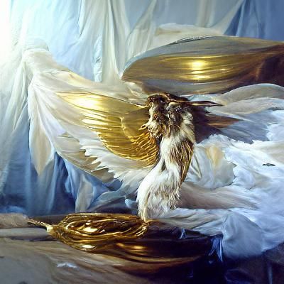 Angel with large feathery wings spread out white and gold accents