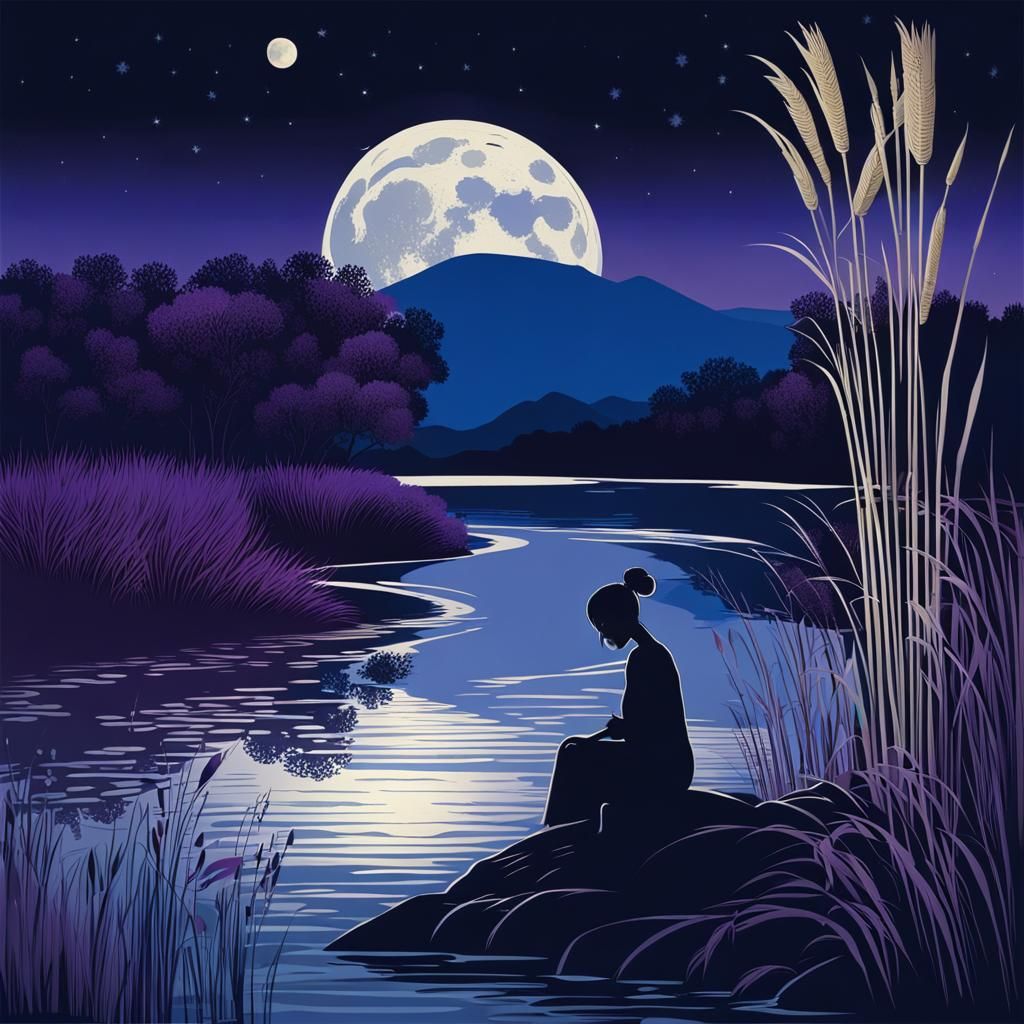Night, crescent, curved river, reeds and trees on side, woma...