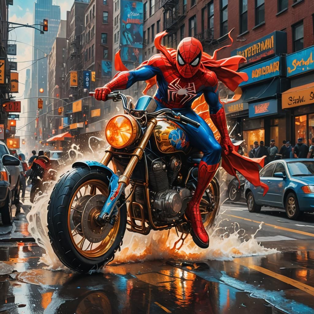 Spiderman Rides Motorcycle in Surreal Cityscape