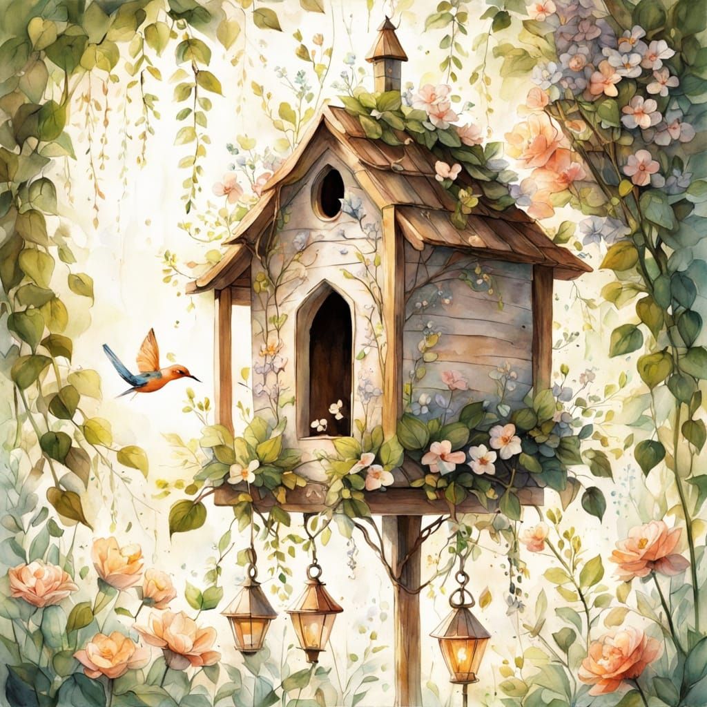 Whimsical Birdhouse Scene in Vintage Watercolor Style