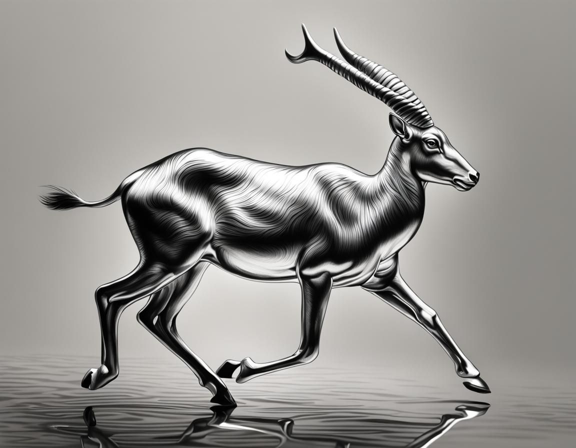 running gazelle made out of liquid silver. rounded, fluid shapes. Smooth surfaces,  High gloss and surface reflections.  No detail.  mirror...