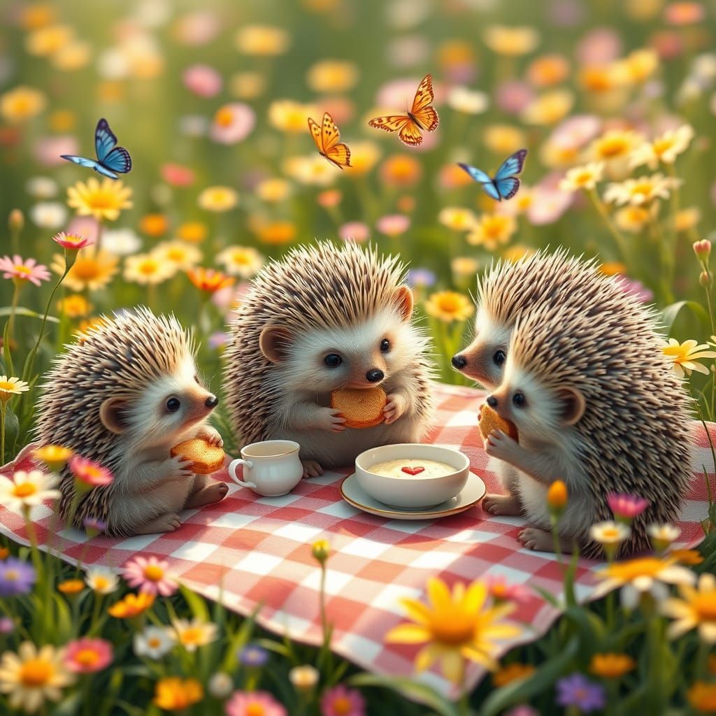Hedgehogs Enjoy Whimsical Picnic in Vibrant Meadow