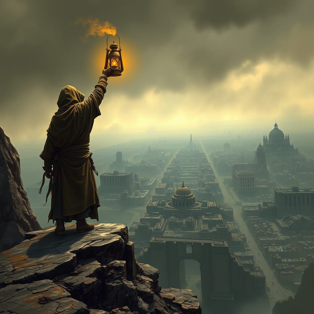 A lone alchemist, cloaked and hooded, stands on a precipice overlooking a vast, decaying city. They hold ...  by @Momagirl