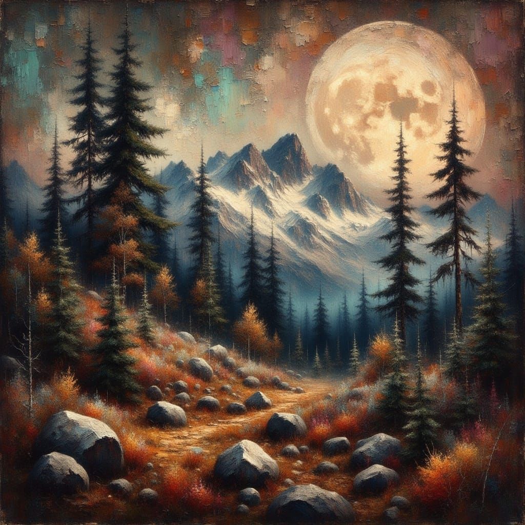 <lora:Grungy Impasto:1.0> mountains in fall with a moody full moon in autumn colors grungy textured gritty acrylic oil Impasto Impasto oil i...