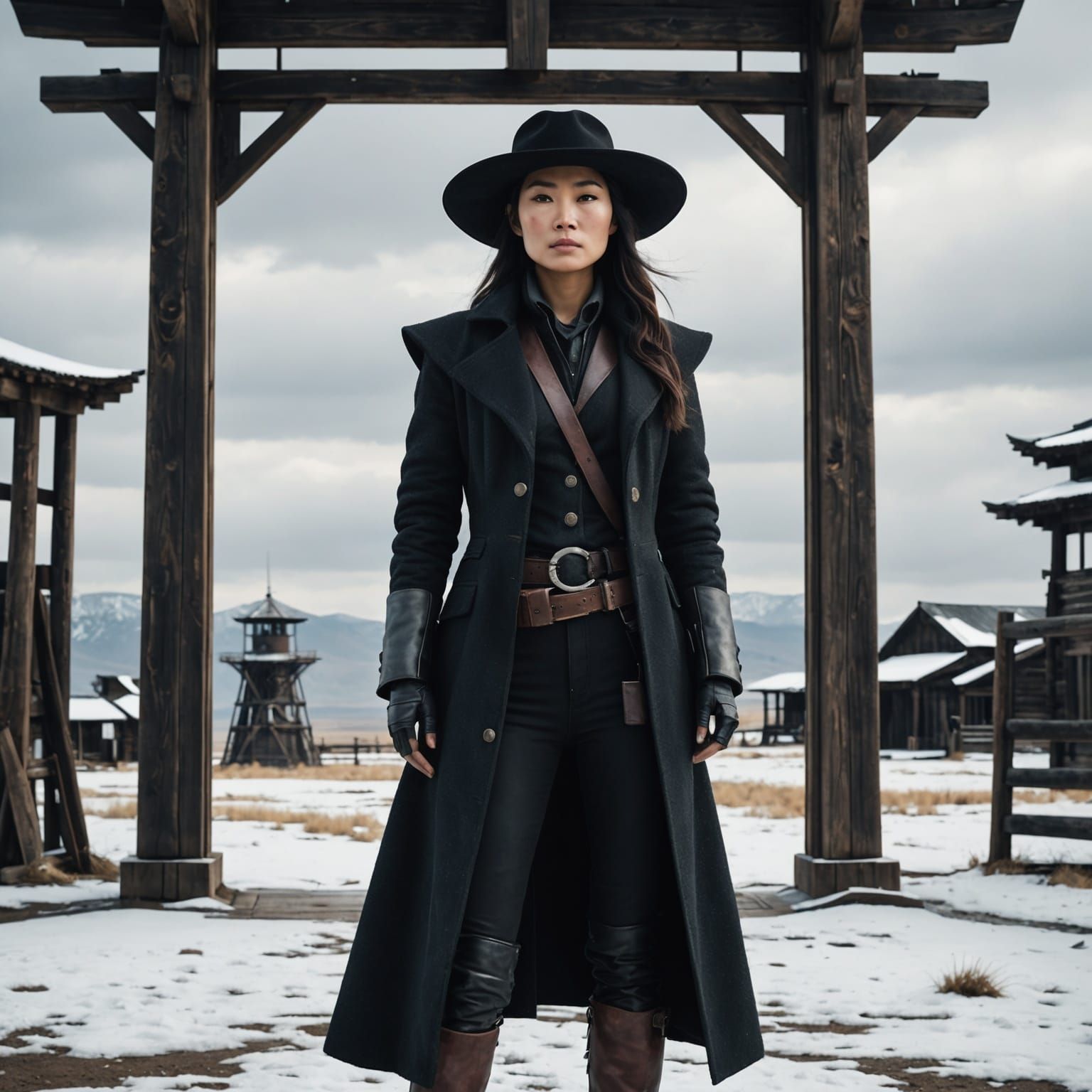 A hyper-realistic, photo-quality image of an Asian female gunslinger standing confidently, gazing at a towering, dark structure in the dista...