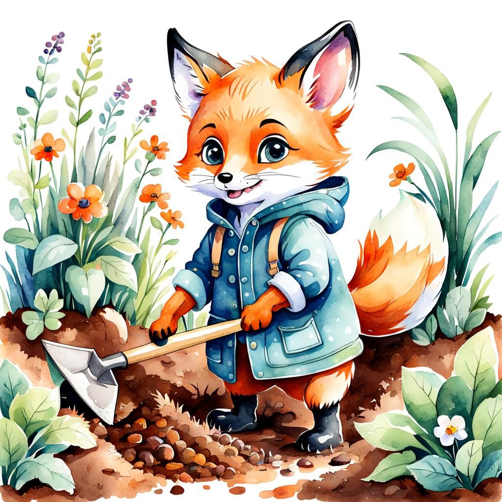 cute joyful fox cub with big eyes in clothes digging a garde...