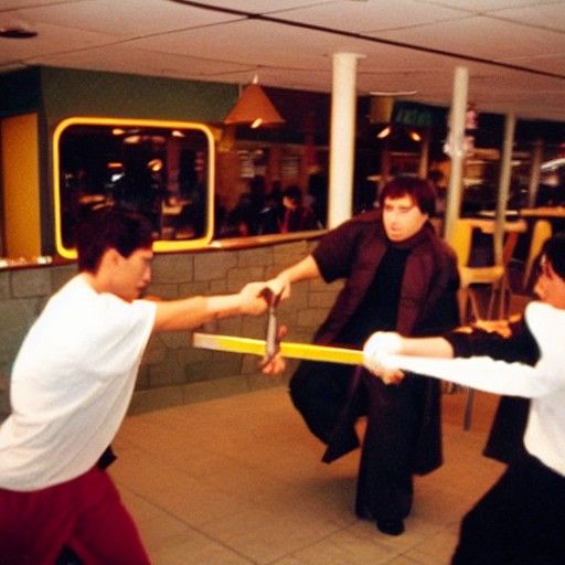 A sword fight in McDonalds, Photographed with a disposable c...