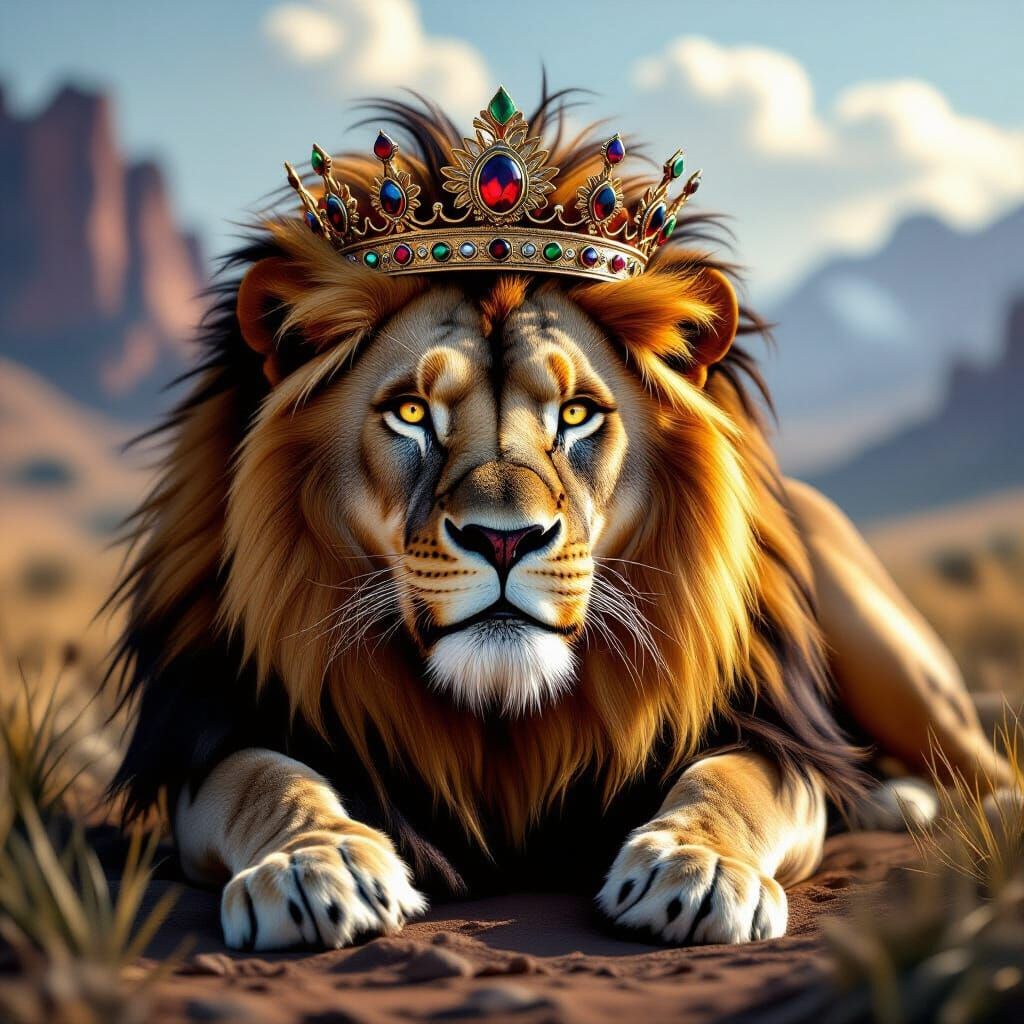 Majestic Lion King with Crown in Wild Landscape