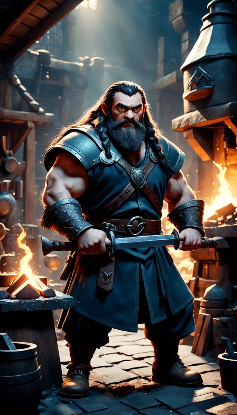 Disney Pixar 3d realistic style: Thorin Strong-in-the-arm is a dwarf blacksmith, famous for making the best, strongest and sharpest swords i...