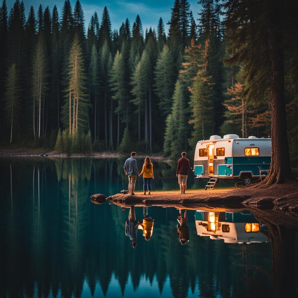 An RV surrounded by forest on one side and a beautiful blue ...