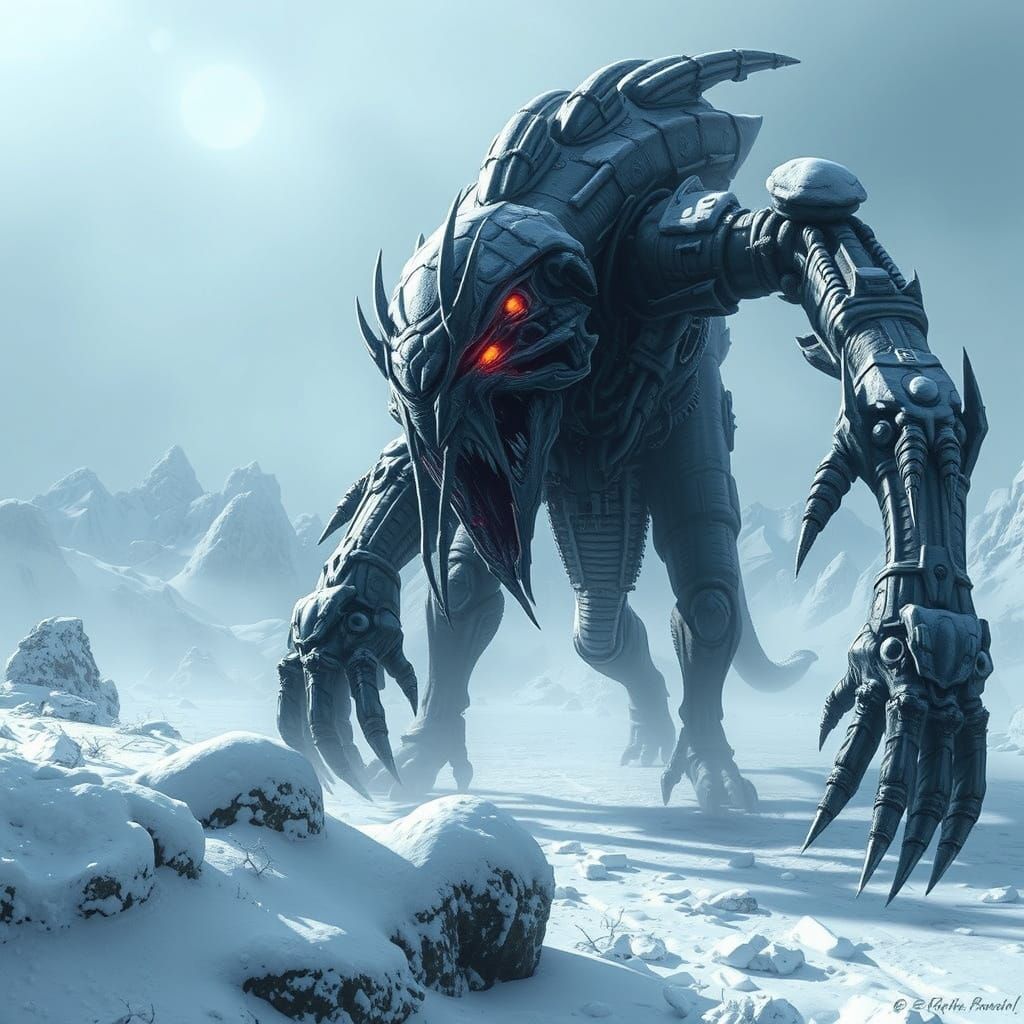 Surreal Biomechanical Beast Treads through Winter Wonderland