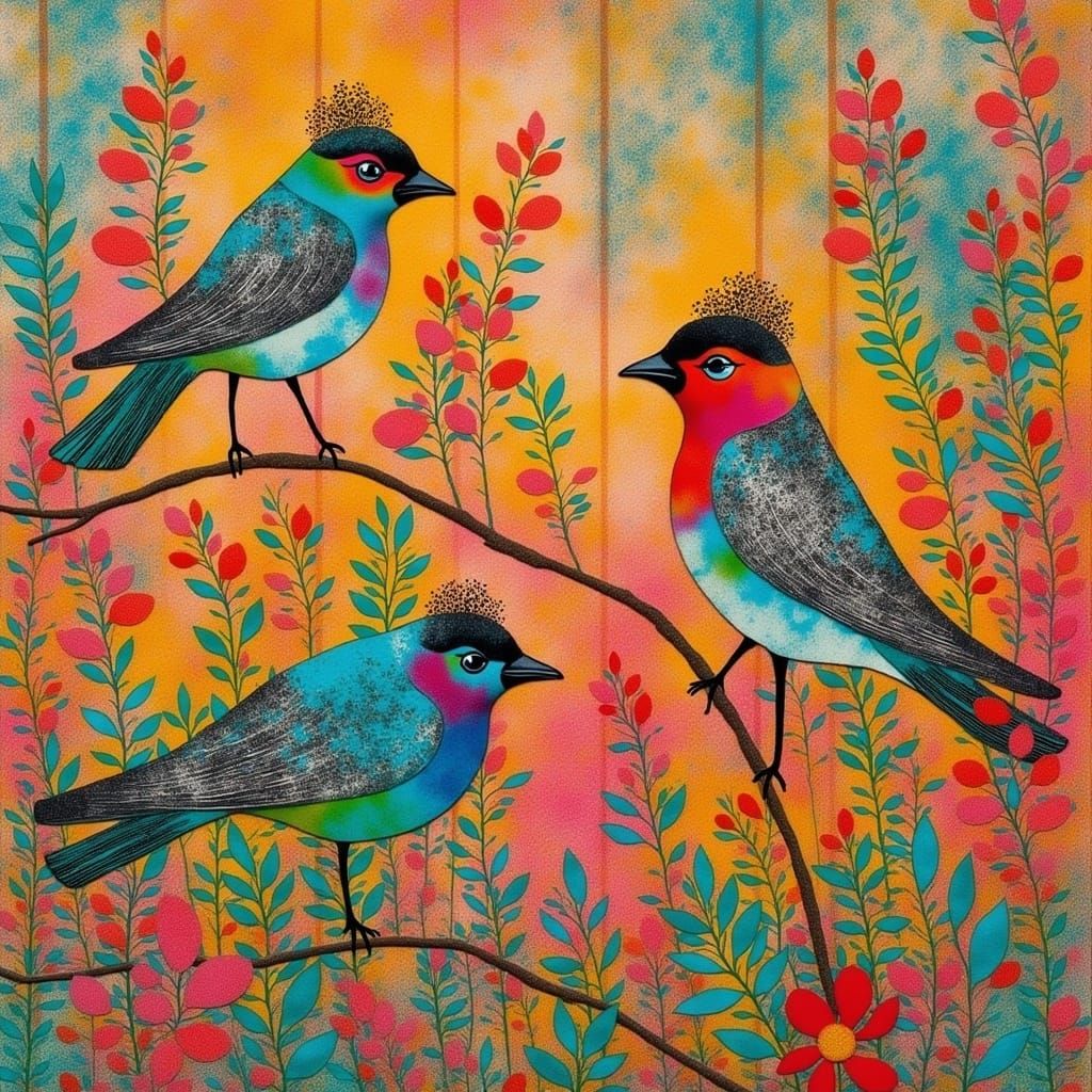 <lora:Gelliprint:1.0> A vibrant and whimsical mixed media artwork featuring colorful birds as the main subject, created in the eclectic styl...