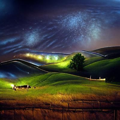 Milky way at night over grassy rolling hills hyperrealism